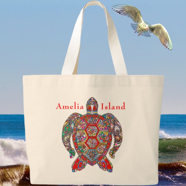 Amelia Island Florida Colourful Sea Turtle Large Tote Bag (Creator Uploaded)