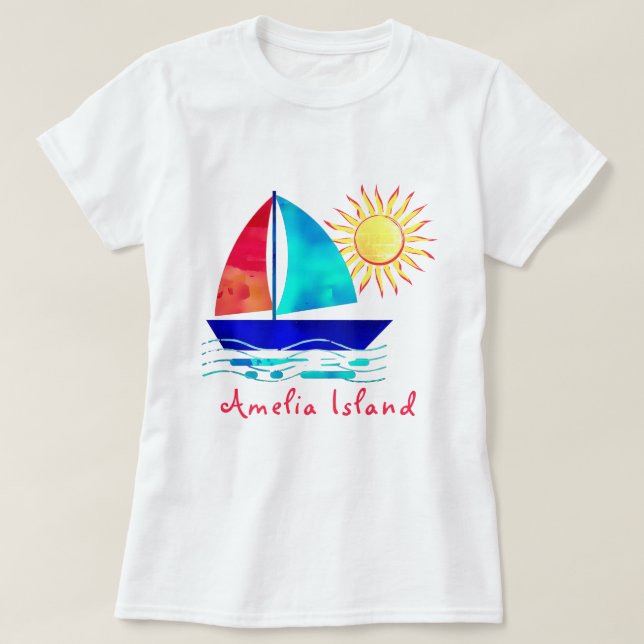 Amelia Island Florida Vacation Watercolor Sailboat T-Shirt (Design Front)