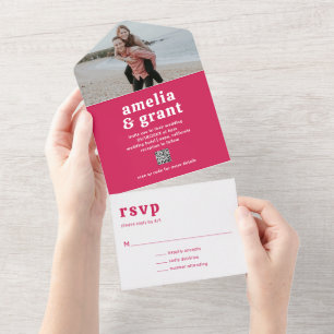 Amelia Magenta Modern Wedding All In One Invitation