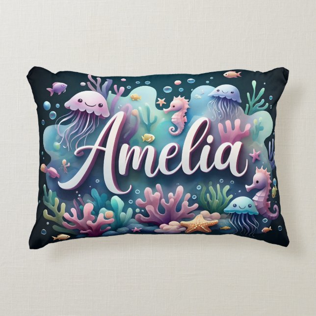 Amelia Name Ocean Theme Decorative Sea Life Cushion (Front)