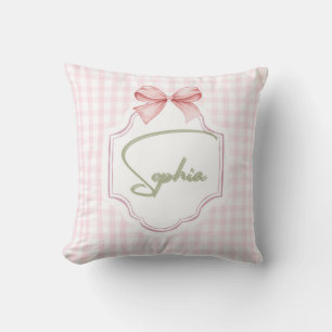 Amelia Personalized Pink Bow & Gingham Print Cushion