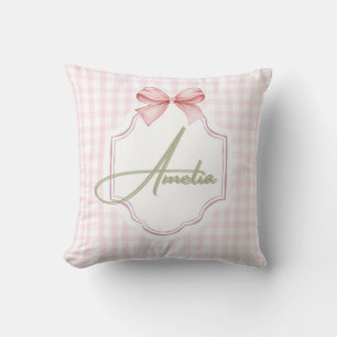 Amelia Personalized Pink Bow & Gingham Print Cushion