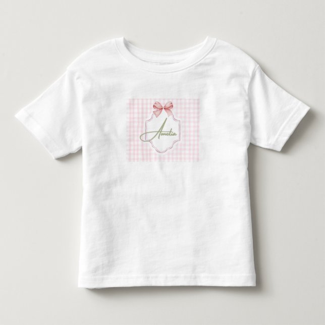 Amelia Personalized Pink Bow & Gingham Print  Toddler T-Shirt (Front)