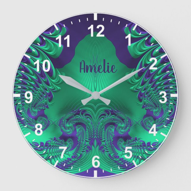 AMELIE ~ WOW! Fractal Pattern Green and Purple ~ Large Clock (Front)
