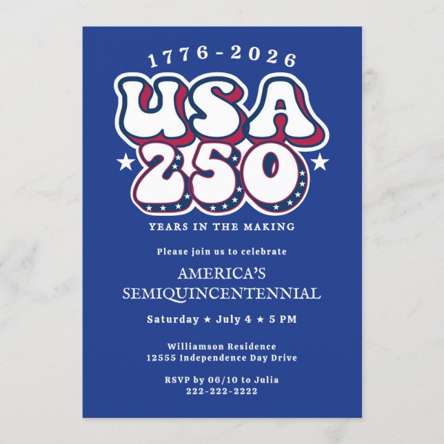 America 250 1776 US 250th Anniversary Groovy Blue Invitation (Front)