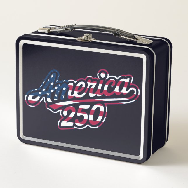 America 250 Flag Script Semiquincentennial Design Metal Lunch Box (Front)