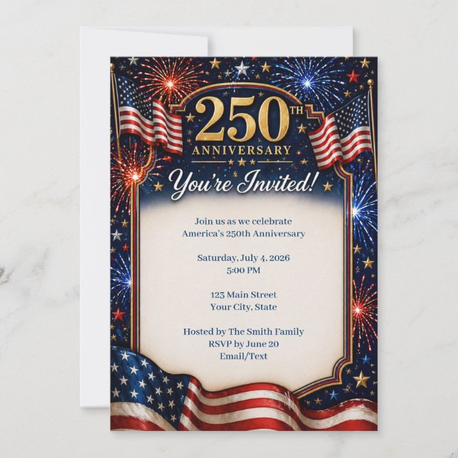 America 250 Invitation Patriotic Fireworks Flag (Front)
