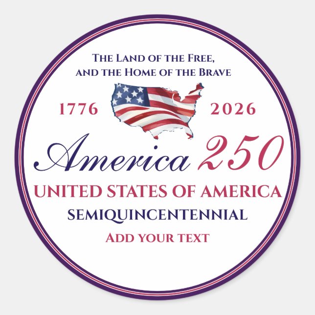 America 250 Land of Free Home Brave Blue Patriotic Classic Round Sticker (Front)