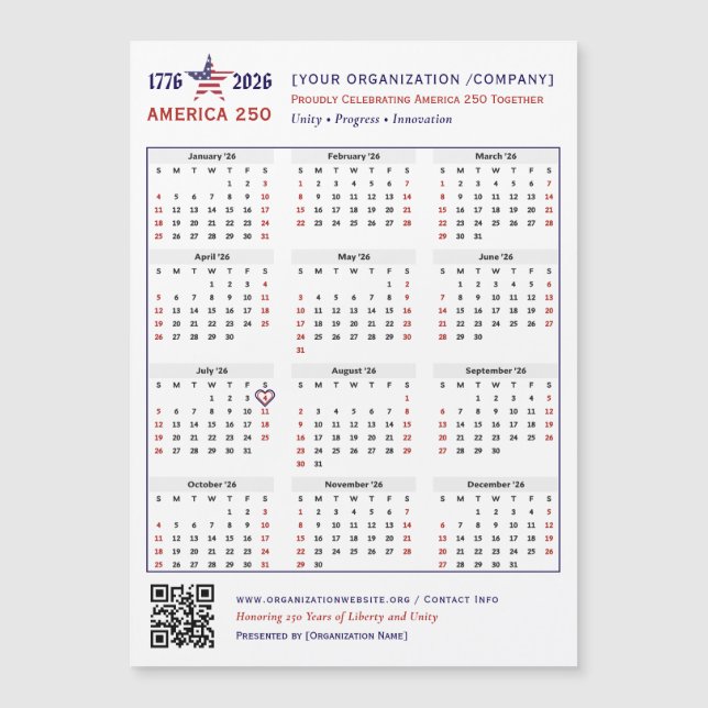 America 250 Patriotic 2026 Calendar Keepsake (Front)