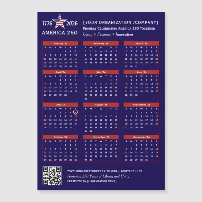 America 250 Patriotic Blue 2026 Calendar Keepsake (Front)