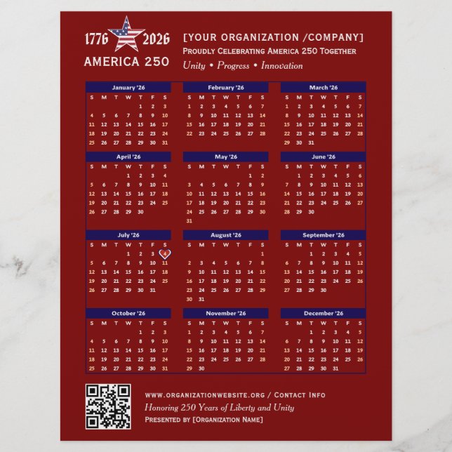 America 250 Patriotic Red 2026 Calendar Keepsake Flyer (Front)