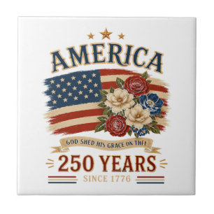 America 250 Years Since 1776 Patriotic Floral Flag Tile