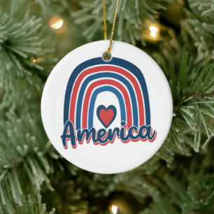 America 4th of July Celebration Rainbow USA Ceramic Tree Decoration