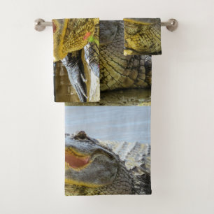 America alligator closeup. Face to face Bath Towel Set