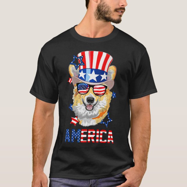 America Corgi Dog 4th of July USA Flag Independenc T-Shirt (Front)