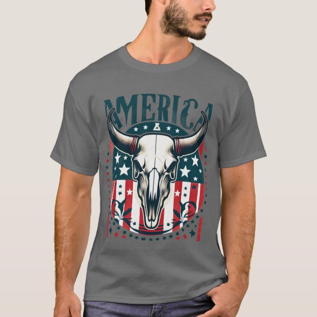 America Cow Skull 4th of July Flag T-Shirt (Front)