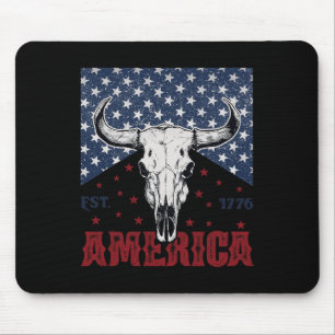 America Est 1776 Cow Skull Funny 4th Of July Mouse Pad