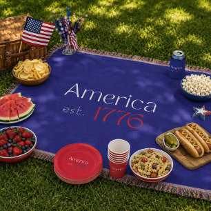 America est 1776 Typography 4th July Blue Throw Blanket