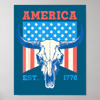 America est 1776 vintage bull skull flag 4th of poster