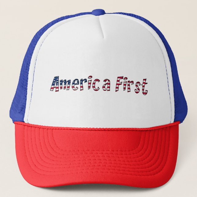 America First American Flag Typography Patriotic Trucker Hat (Front)