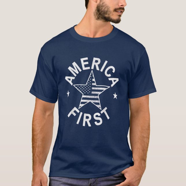 America First Distressed USA Flag Patriotic T-Shirt (Front)
