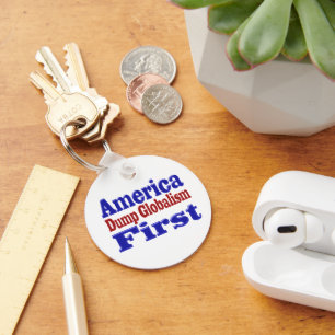 America First Dump Globalism red blue text Key Ring