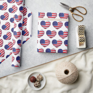 America Flag American USA Heart Pattern Wrapping Paper
