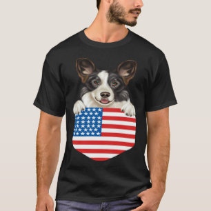 America Flag Cardigan Welsh Corgi Dog In Pocket T-Shirt