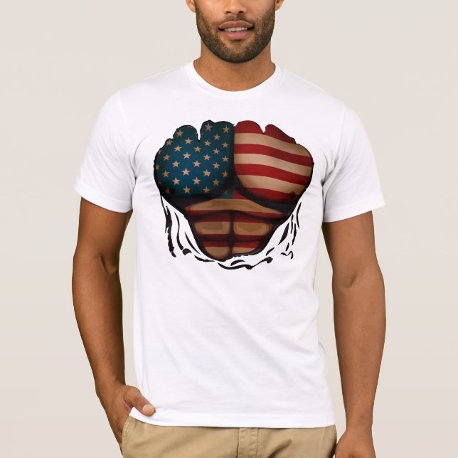 America Flag Muscles Body  Ripped Funny Patriotic T-Shirt (Front)