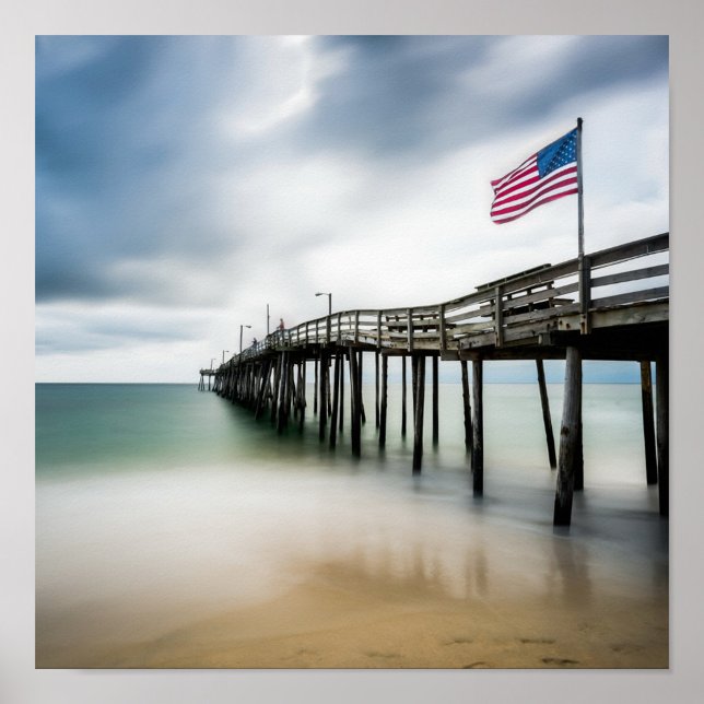 America Flag  Poster (America Flag on a serene pier extends into calm waters under a cloudy sky.)
