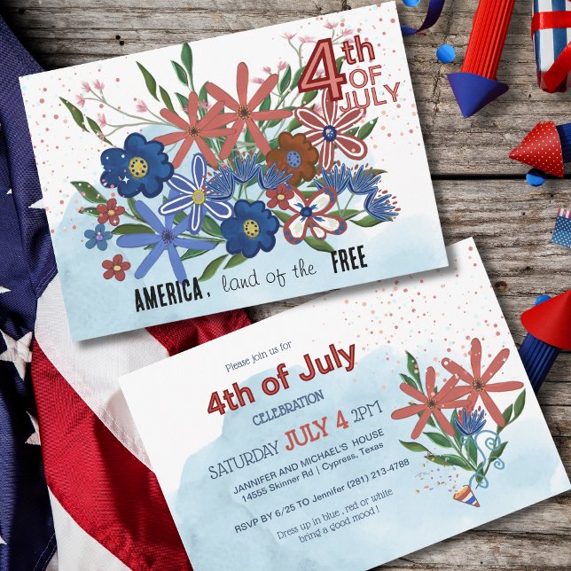 "America Land of the Free" 4th of July INVITATION (America Land of the Free_ 4th of July Floral Holiday Card)