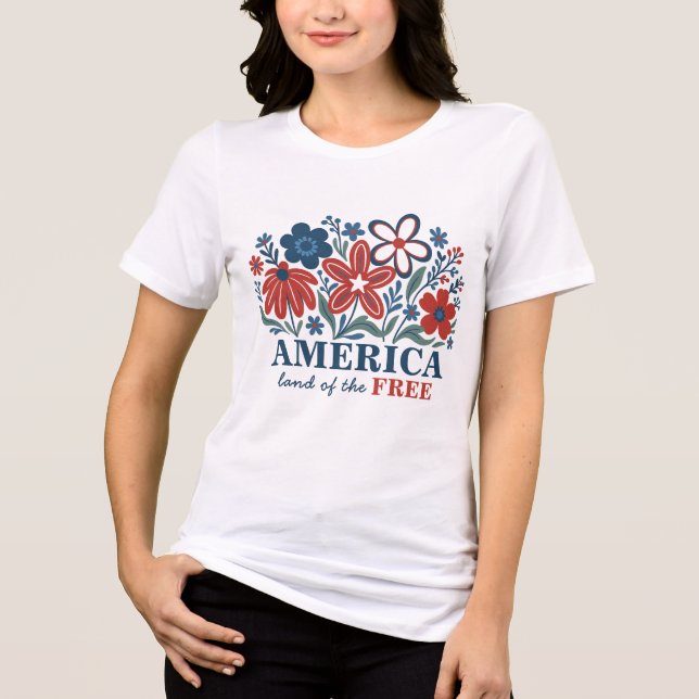  America Land of the Free Floral Patriotic  Tri-Blend Shirt (Front)