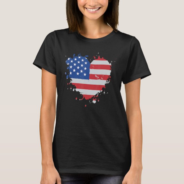 America Love Flag USA Heart 4th July American Prou T-Shirt (Front)