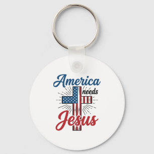 America Needs Jesus Patriotic Cross Shirt Design_1 Key Ring