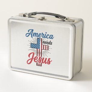 America Needs Jesus Patriotic Cross Shirt Design_1 Metal Lunch Box