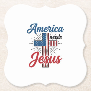 America Needs Jesus Patriotic Cross Shirt Design_1 Paper Coaster
