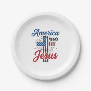 America Needs Jesus Patriotic Cross Shirt Design_1 Paper Plate