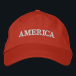 America Red Embroidered Baseball Cap<br><div class="desc">America is embroidered in white on this red unisex baseball cap or any colour hat you choose. Perfect way to show your patriotism on the 4th of July,  Memorial Day or any occasion.</div>