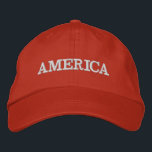 America Red Embroidered Baseball Cap<br><div class="desc">America is embroidered in white on this red unisex baseball cap or any colour hat you choose. Perfect way to show your patriotism on the 4th of July,  Memorial Day or any occasion.</div>