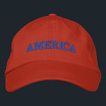 America Red Embroidered Hat<br><div class="desc">America is embroidered in blue on this red unisex baseball cap or any colour hat you choose. Perfect way to show your patriotism on the 4th of July,  Memorial Day or any occasion.</div>