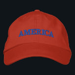 America Red Embroidered Hat<br><div class="desc">America is embroidered in blue on this red unisex baseball cap or any colour hat you choose. Perfect way to show your patriotism on the 4th of July, Memorial Day or any occasion.</div>