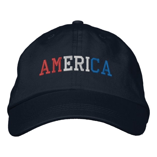 AMERICA Red White and Blue Embroidered on Navy Hat (Front)