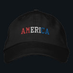 AMERICA Red White and Blue Patriotic Style Embroidered Hat<br><div class="desc">AMERICA Patriotic Flag Colours Red White and Blue embroidered on classic black cotton hat.  Also available is the option to select choice of hat colour on the main item page.</div>