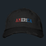 AMERICA Red White Blue Vintage distressed style Embroidered Hat<br><div class="desc">AMERICA Flag Colours Red White Blue embroidered on vintage style distressed black cotton hat.  Also available is the option to select choice of hat colour on the main item page.</div>