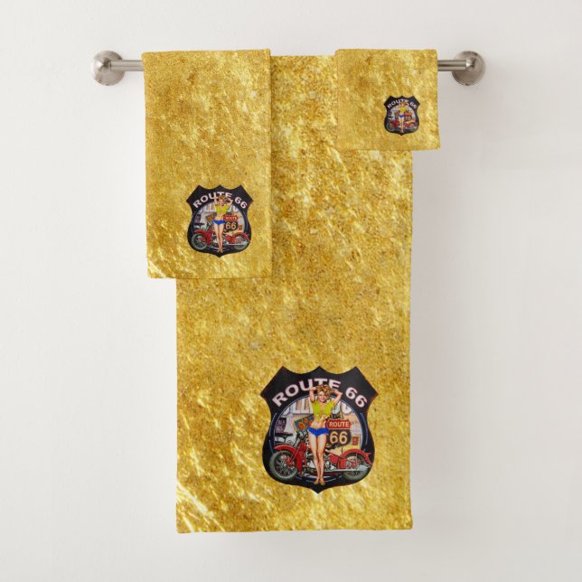 America route 66 motorcycle With a gold texture Bath Towel Set (Insitu)