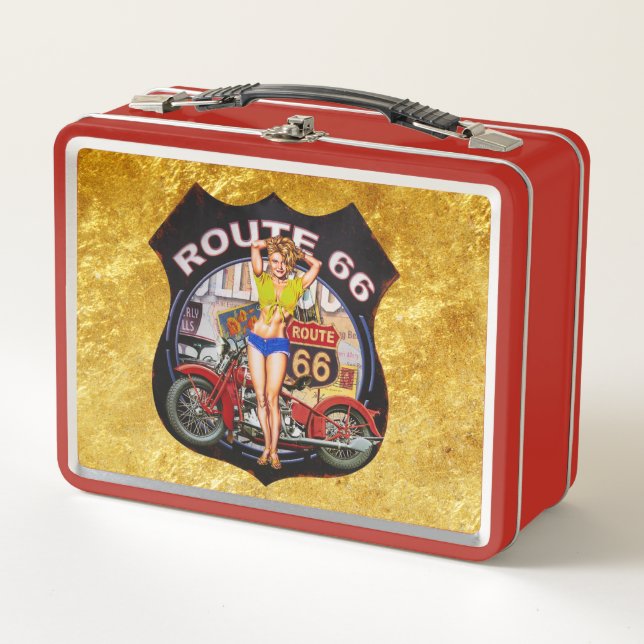 America route 66 motorcycle with a gold texture metal lunch box (Front)