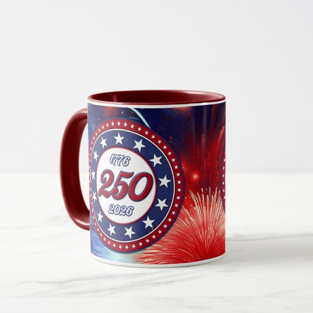 America’s 250th B-day Graphic Fireworks Clouds RWB Mug (Front Left)