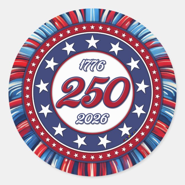 America’s 250th Birthday 1776-2026 RWB Fireworks Classic Round Sticker (Front)
