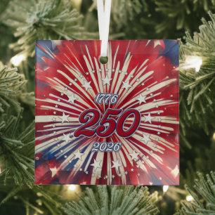 America’s 250th Birthday 1776-2026 RWB Fireworks Glass Tree Decoration