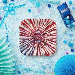 America’s 250th Birthday 1776-2026 RWB Fireworks Paper Plate